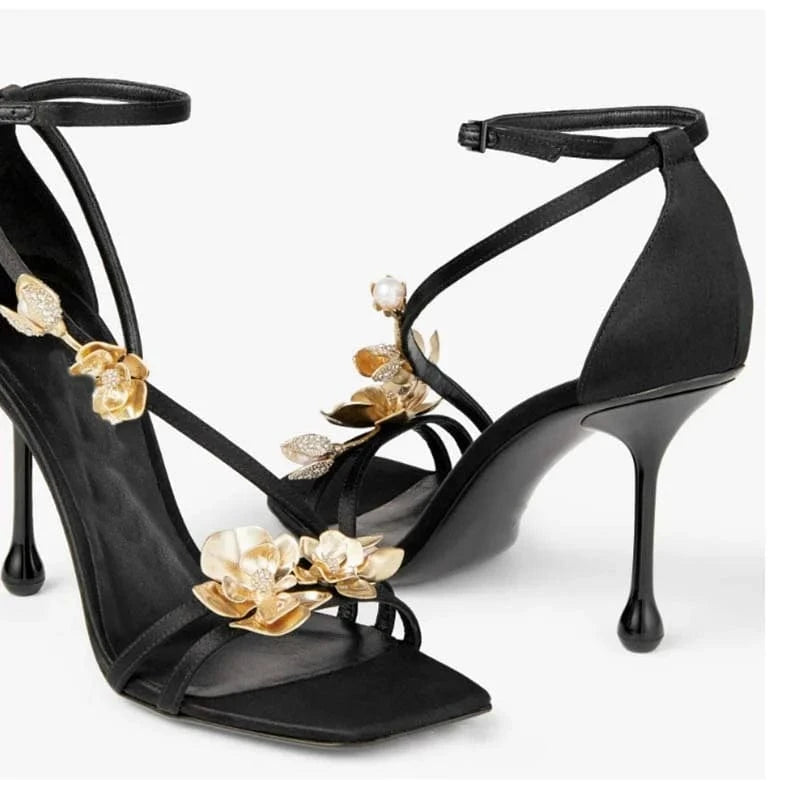 35 / Black Ubililia Spring High Quality custom shoes Party High Heels sandals gold pearl flower decorative shoes Women's High Heel Sandals