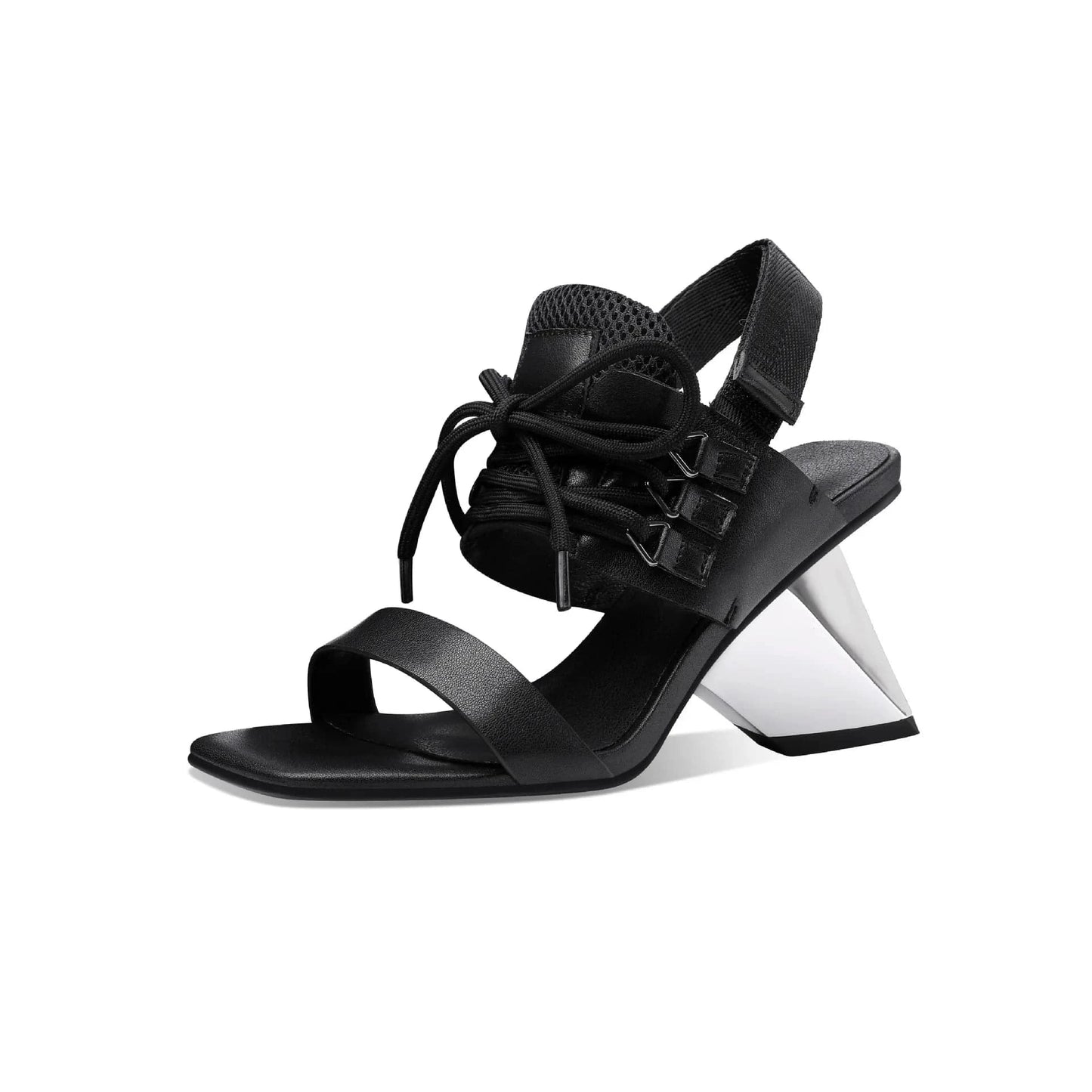35 / Black Women Casual Sandals Fashion Color Patchwork T-strap Shoes Slingback Lace Up High Heel Sandals For Ladies Dating Party Sandalias