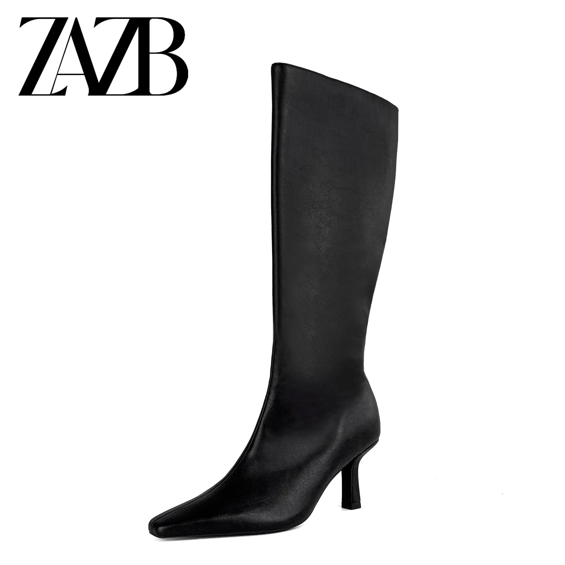 35 / Black ZAZB Autumn and winter high tube Knee Boots high heel leather Knight boots