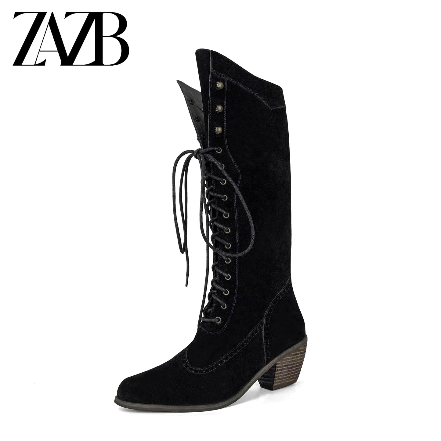 35 / Black ZAZB Autumn and winter high tube Knee Boots leather Knight boots