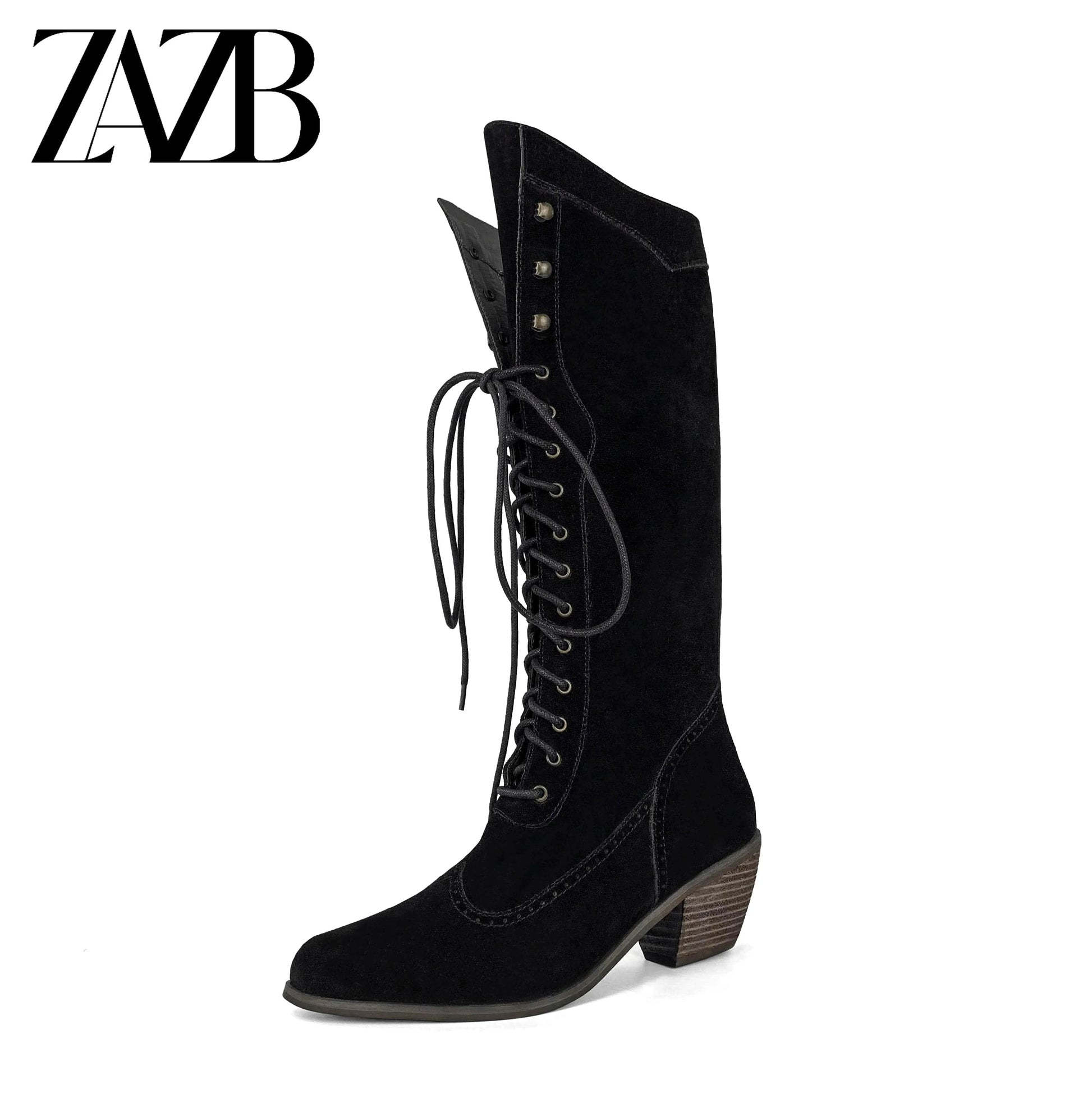 35 / Black ZAZB Autumn and winter high tube Knee Boots leather Knight boots