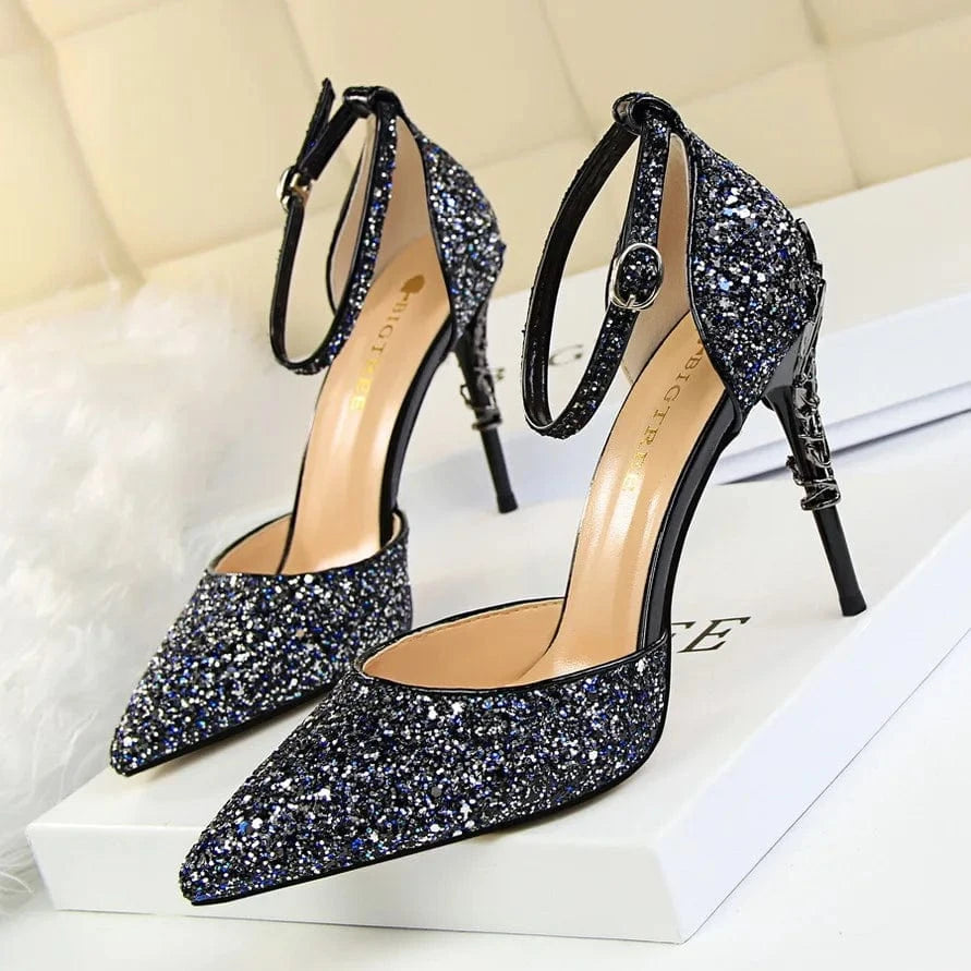 35 / Blue-9.5cm 283-5 Luxurious Trendy Ladies Sandals Hollow Out Party Metal Heel Shiny Sequin Slip-On High Heel Sandals Wedding Shoes For Bride