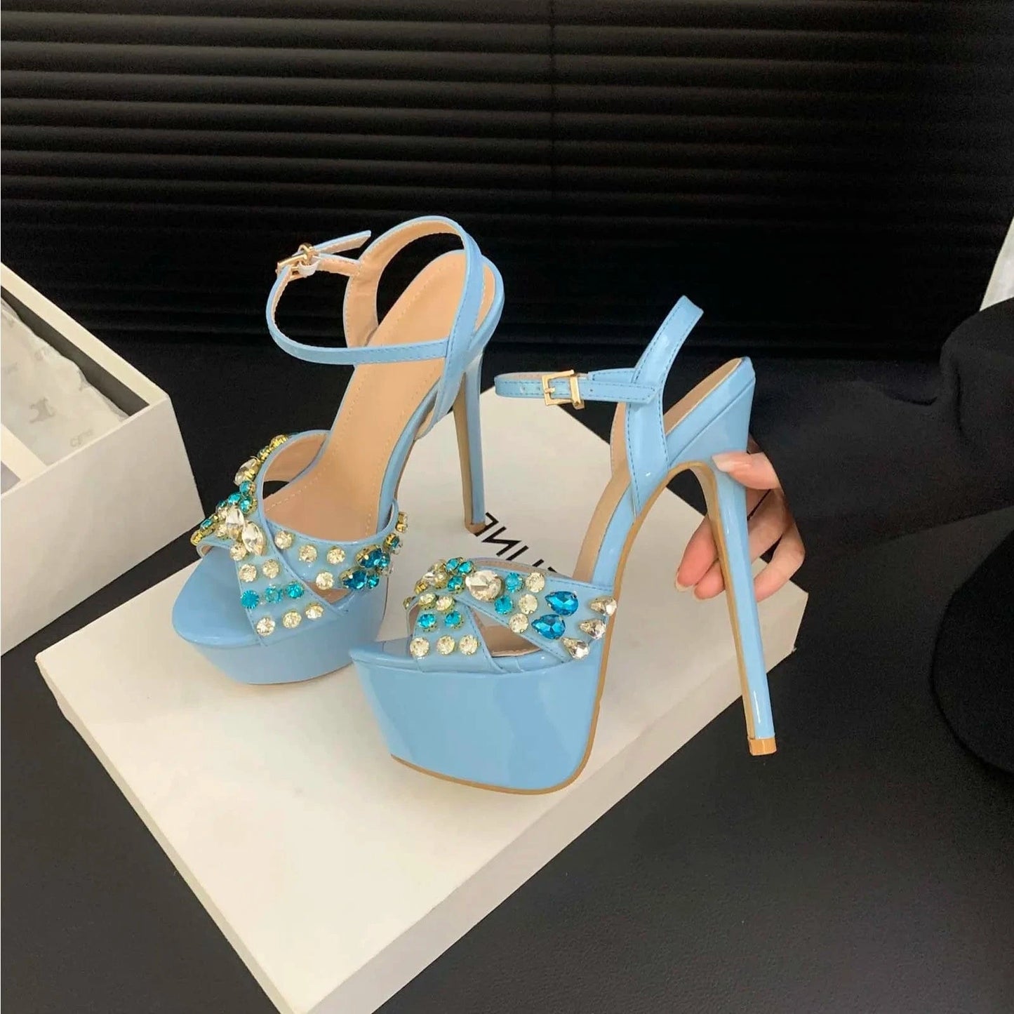 35 / Blue Fashion Design Metal Rivet Back Buckle Strap Platform Sandals Women Wedding Banquet Shoe Sexy Peep Toe Stripper High Heels 2024
