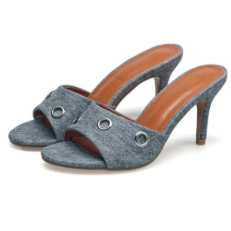 35 / Blue jeans Aneikeh Retro Shallow Fashion Denim Metal Women Mules Sandals Pumps  Party Sexy  Pointed Toe Stiletto High Heels Summer Shoes