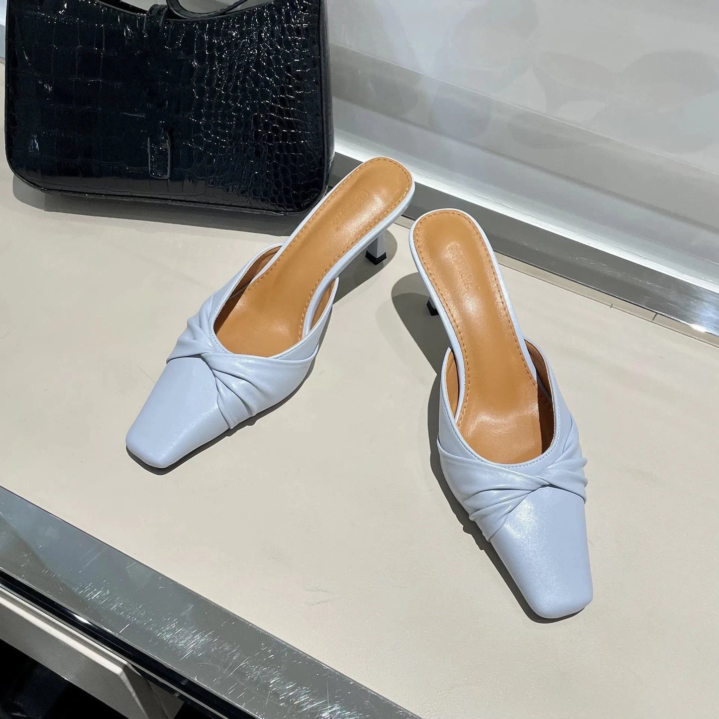 35 / Blue sh10965a Best selling ladies square toe sandals wholesale female summer sky blue leather slipper