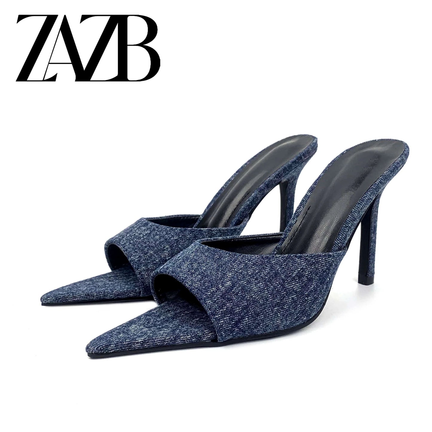 35 / Blue ZAZB leather customized high heel slippers for women's denim pointed slippers for women's shoes