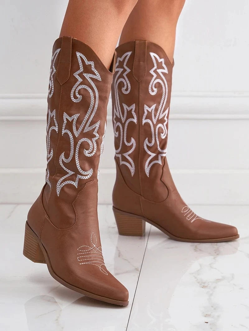 35 / Brown New thick heel wild western cowboy boots embroidered sleeve knight boots retro medium tube large size riding boots