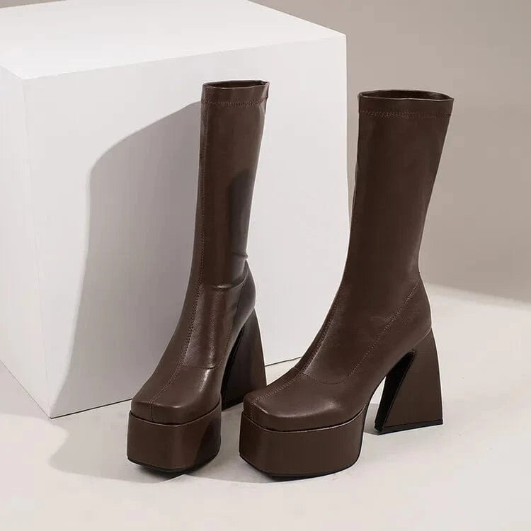 35 / Brown Stylish Stretch Half Knee High Platform Boots Women Chunky Heels Shoes Large Size 48 Slip on Calf Booties Wide Fit Ladies Booty