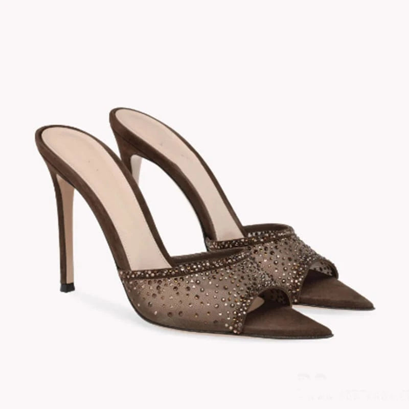 35 / Brown Ubililia stiletto high heel rhinestone mesh peep toe slippers elegant women pointed toe mules shoes sexy ladies heeled sandals