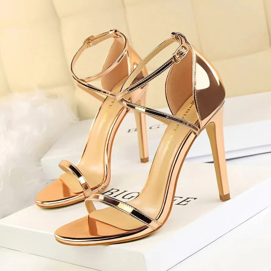 35 / Champagne 11CM 34-40 Fashionable and sexy nightclub sandals Summer slim heels and ultra-high heels Hollow cross strap sandals