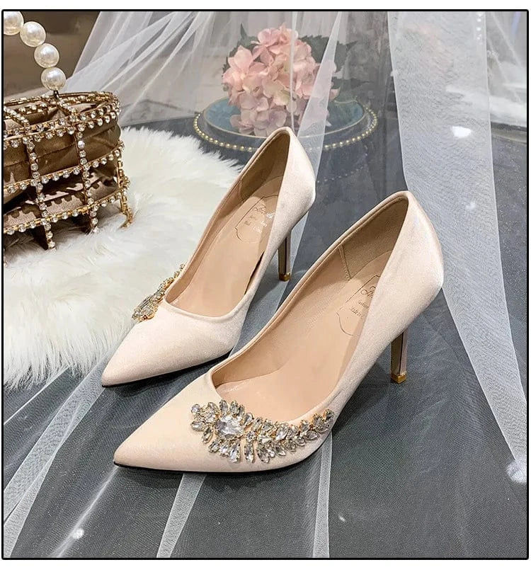 35 / Champagne(7cm)` Luxury Big Crystal Mujer Wedding Sandals Female Pointed-toe Shallow Rhinestone Stilettos Spring Autumn Women High Heels