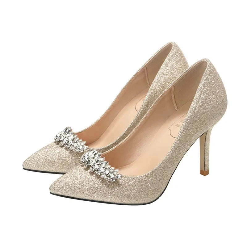 35 / Champagne(9cm)` New Female Pointed-toe Rhinestone Wedding Dress Sandals Shallow Sequins Banquet Ladies High Heels Stilettos