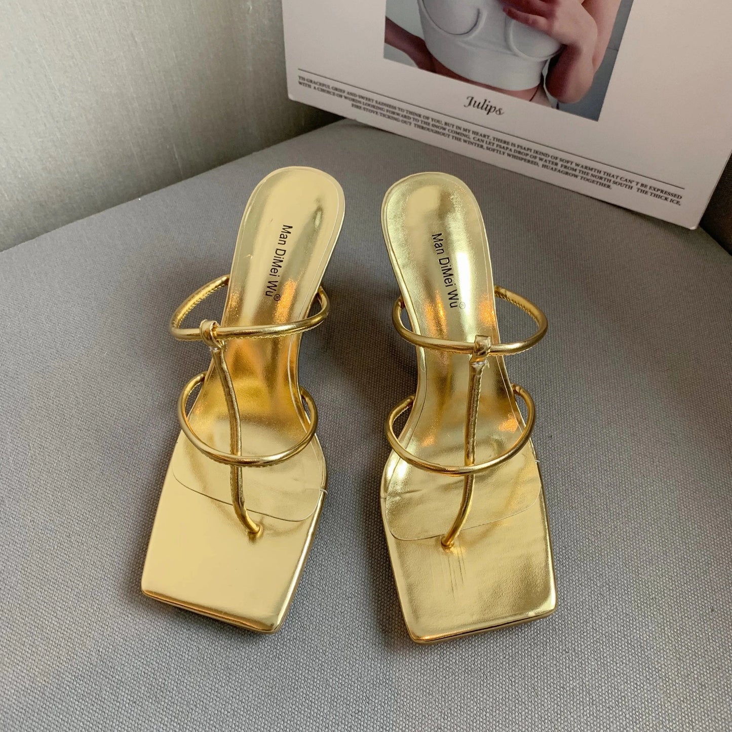 35 / Gold 2022 Summer New Fashion Pinch Narrow Band Women Gladiator Sandal Shoes Ladies Square Open Toe Ankle Buckle Strap Stiletto Heels