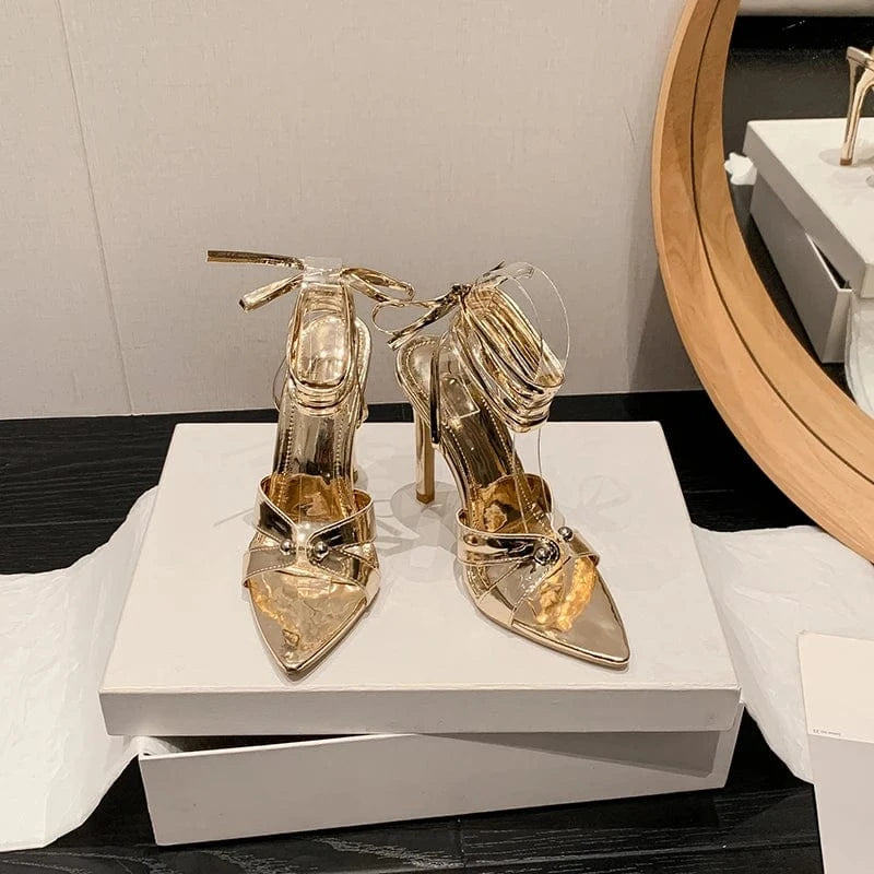35 / Gold 2024 European, American and European rivet cross strap high heel pointed sandals 35-41