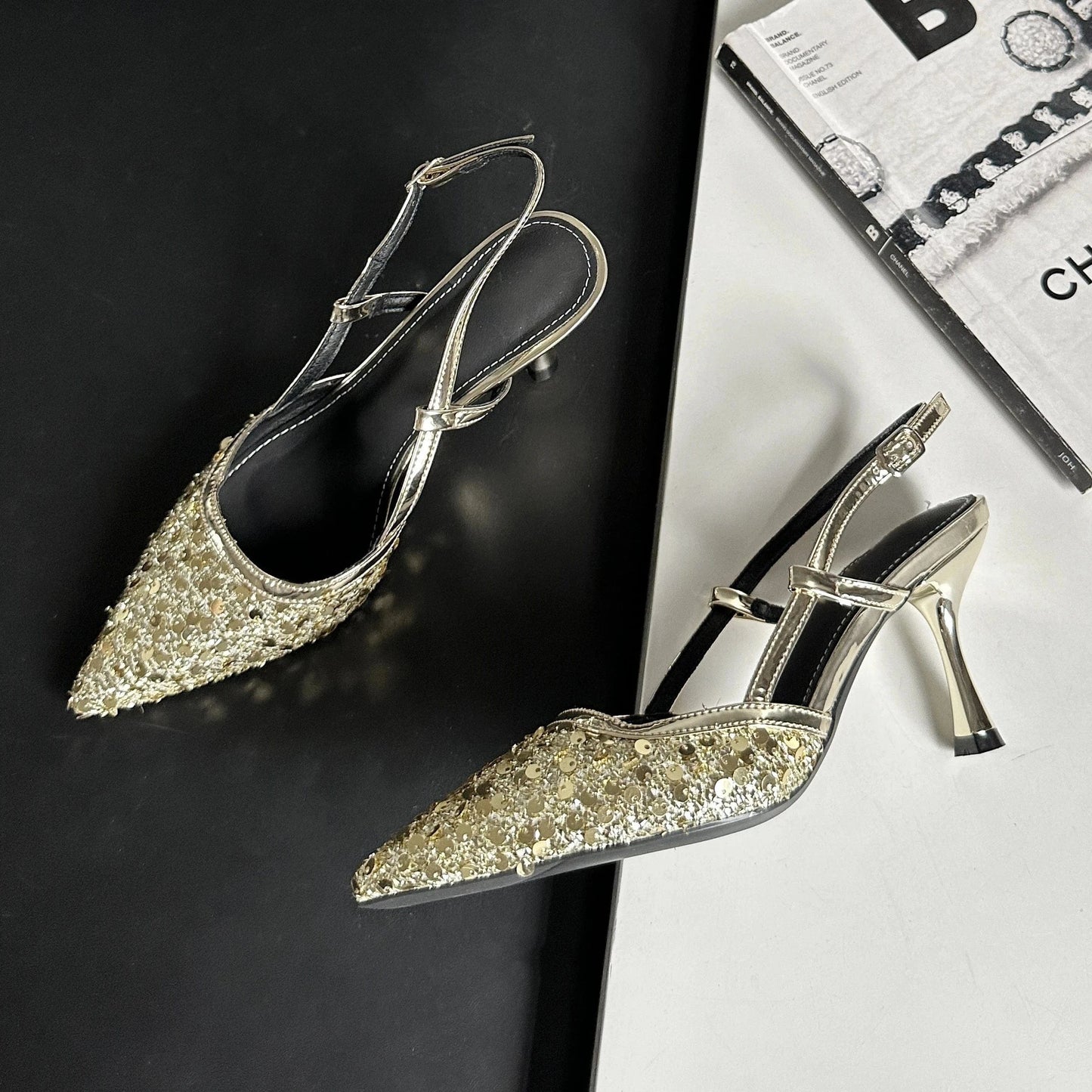35 / Gold 2024 new fashion sandals sequins pointed heel shoes 8.5CM high shoes hot sale