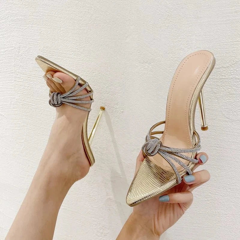 35 / Gold PDEP rhinestone  ladies thin stiletto Heels 2023 Summer New cross Diamond Fashion pointed toe High Heels  Slippers for women