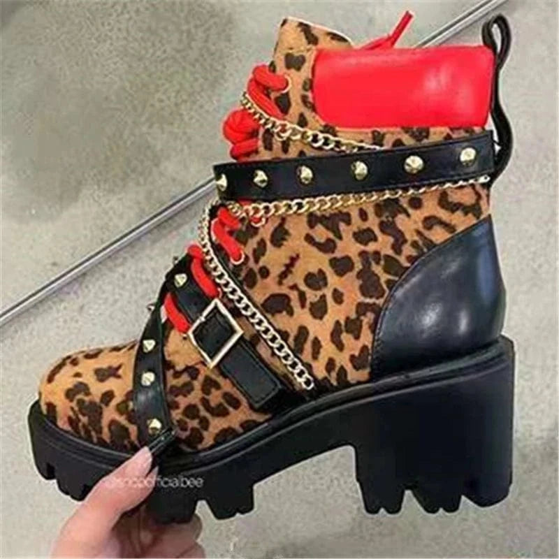 35 / gray Gothic Belt Buckle Rivet Punk Style Chunky Shoes Designer Platform Leopard Print Sexy High Heels Plus Size Women's Shoes 35-43