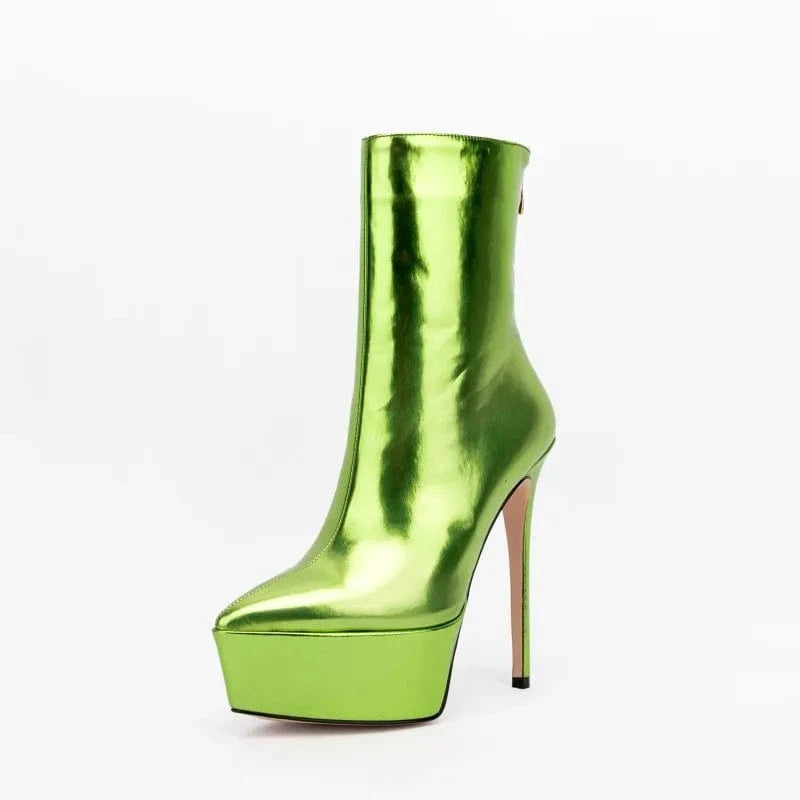 35 / Green Banquet Botas Ladies Fall Winter High Heels Metallic Boots Women Thick Sole Back Zipper Pointy Toe Platform Heels Mid Calf Boots