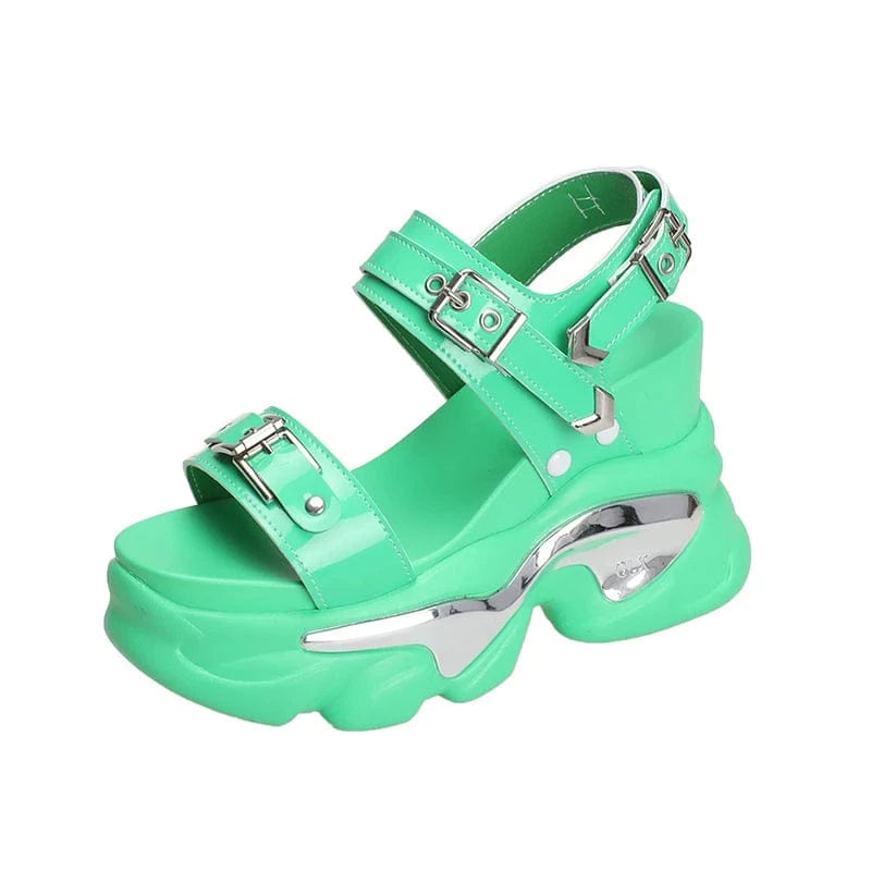 35 / Green Dropshipping Custom Logo Metal Buckle Fashion Women's Wedges Sandals Green Comfortable  Height Increasing Shoes Girls Sandals