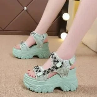 35 / Green Dropshipping Custom Logo Summer Women's Fashion Strappy Platform Chunky Wedge Heel Sandals Womens Rhinestone Sandals