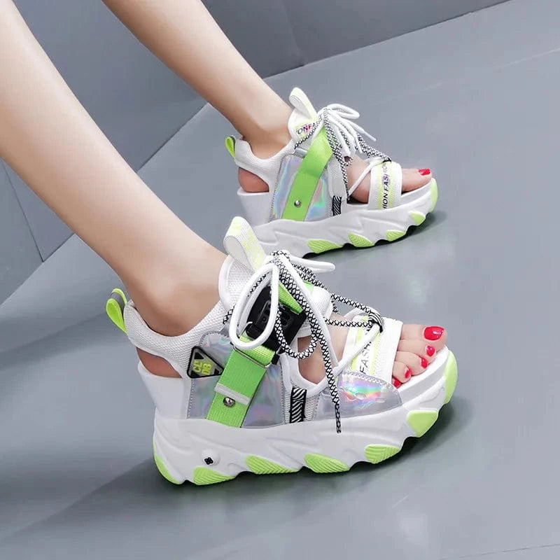 35 / Green Ladies Platform Female peep toe Sport High Heeled Sandals Summer Beach Beautiful buckle strap Pu sponge cake sole Wedge Sandals
