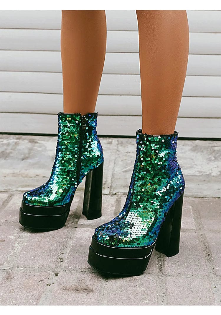 35 / Green PDEP New short boots  platform 16cm high heel boots autumn and winter party new large size chunky sequin ladies ankle boots