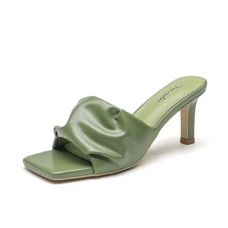 35 / Green Square-toe Mid Heel Sandal Slipper Summer Outside Pump Sandals for Women and Ladies