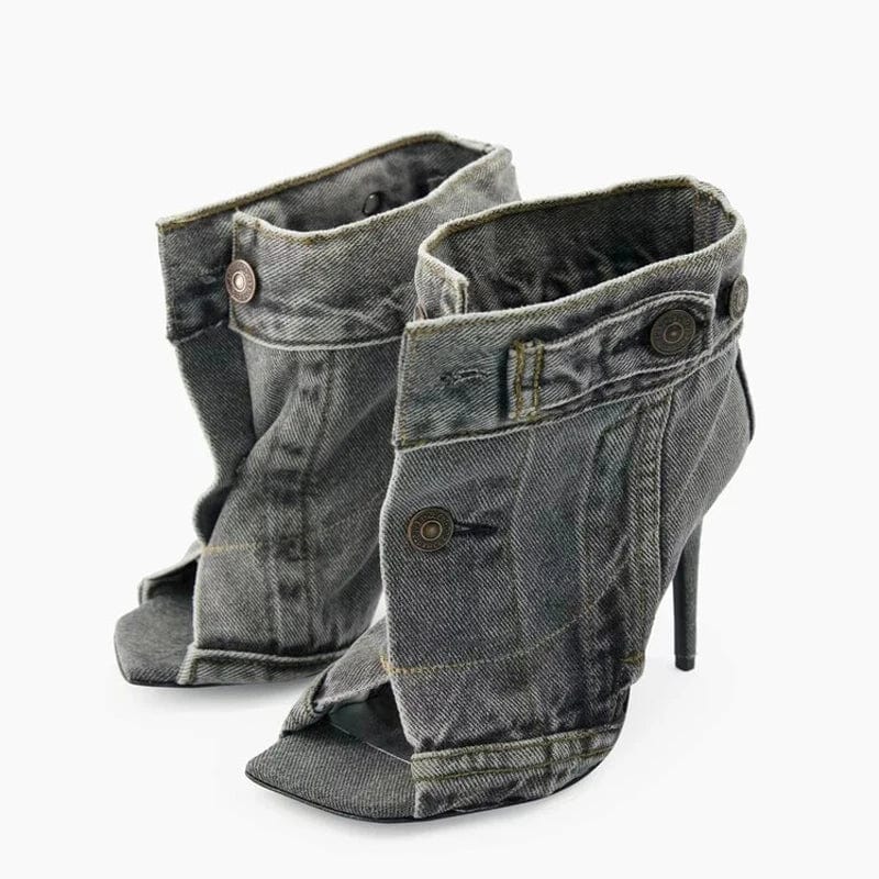 35 / Grey Summer Square Open Toe  High-Heeled Short Boots Denim Ankle Booty Women Stiletto Sandals Front Buckles Jeans Shoes