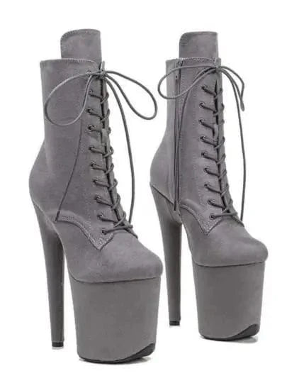 35 / Grey Trendy suede stiletto high heels zip-up short boots 20 cm women sexy platform boots lace-up pole dance shoes