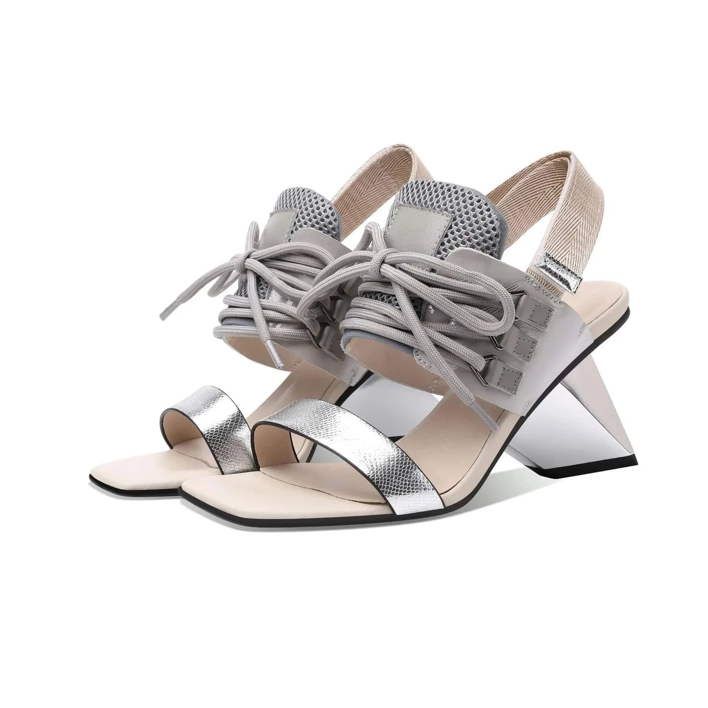 35 / Grey Women Casual Sandals Fashion Color Patchwork T-strap Shoes Slingback Lace Up High Heel Sandals For Ladies Dating Party Sandalias