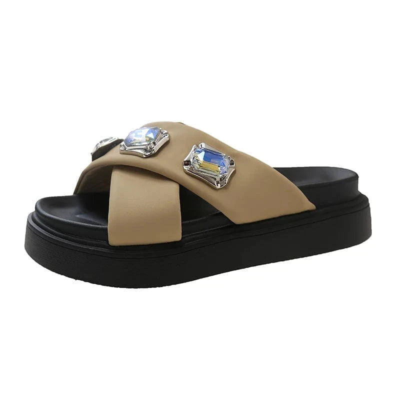 35 / khaki Dropshipping Custom Logo Designer Slippers Ladies Rhinestone Fashion Comfortable Slides Slippers Women