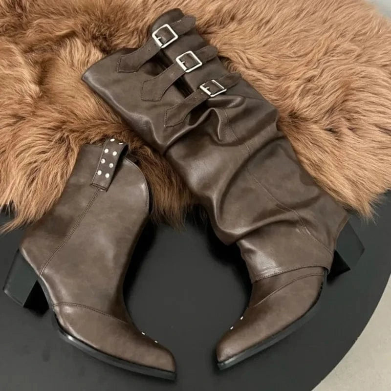 35 / Khaki Dropshipping Custom Logo High Heels Women's Western Cowboy Boots Long Knight Boots Pointed Shoes Rubber Insole for Autumn