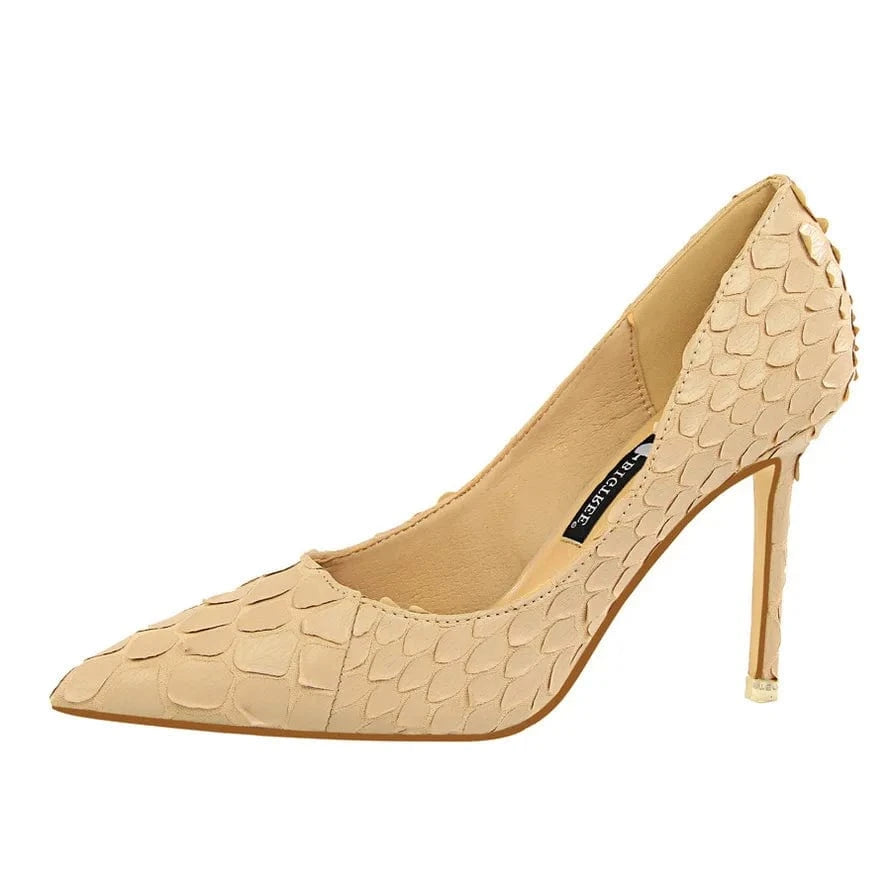 35 / Khaki Free Shipping High-End Unique Fish Scale Design Stiletto Heeled Sandals for Ladies