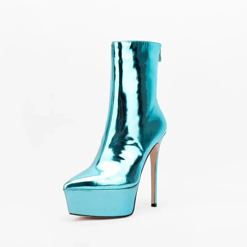 35 / Lake Blue Banquet Botas Ladies Fall Winter High Heels Metallic Boots Women Thick Sole Back Zipper Pointy Toe Platform Heels Mid Calf Boots