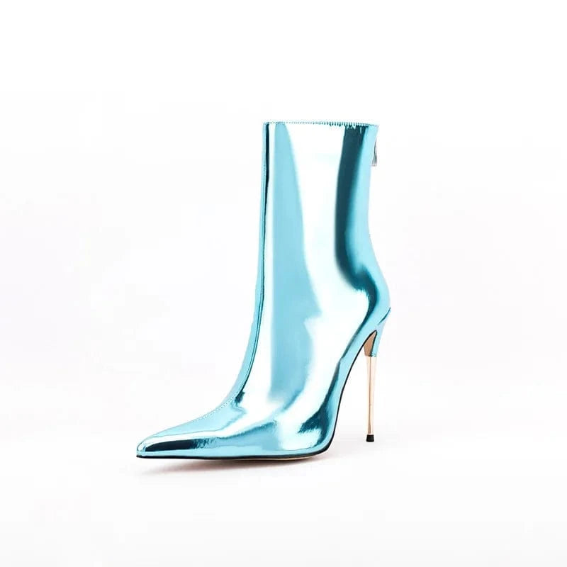 35 / Light Blue Bota Feminina 2022 Ladies Fashion Metallic Casual Shoes Women Mirror Leather Pointy Toe Stiletto Heels Short Boots Ankle Booties