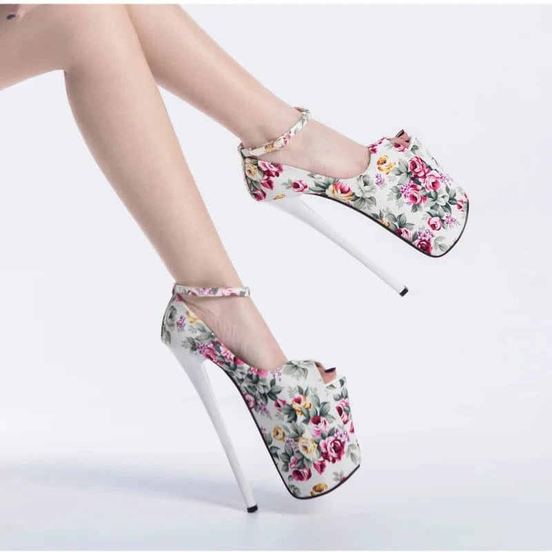 35 / light blue Trendy Flower 22 CM Heels Ankle Strap Platform Shoes Women Heels Sexy Peep-toe Sandals Stiletto Pumps