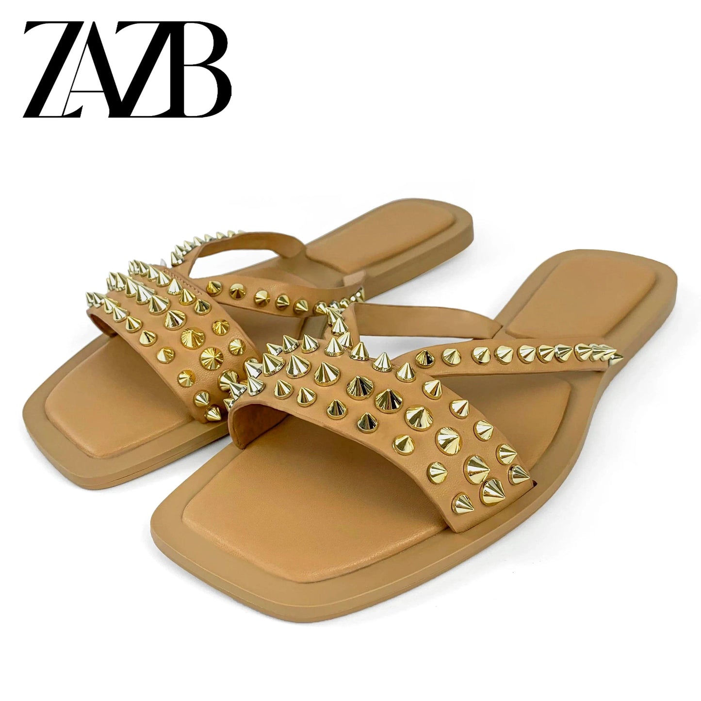 35 / light brown ZAZB brand Custom women flat shoes ladies shoes and sandals for mules luxury slippers rivet chaussures pour femmes