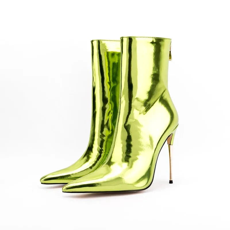 35 / Light Green Bota Feminina 2022 Ladies Fashion Metallic Casual Shoes Women Mirror Leather Pointy Toe Stiletto Heels Short Boots Ankle Booties