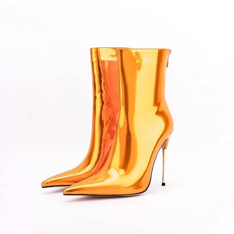 35 / Orange Bota Feminina 2022 Ladies Fashion Metallic Casual Shoes Women Mirror Leather Pointy Toe Stiletto Heels Short Boots Ankle Booties