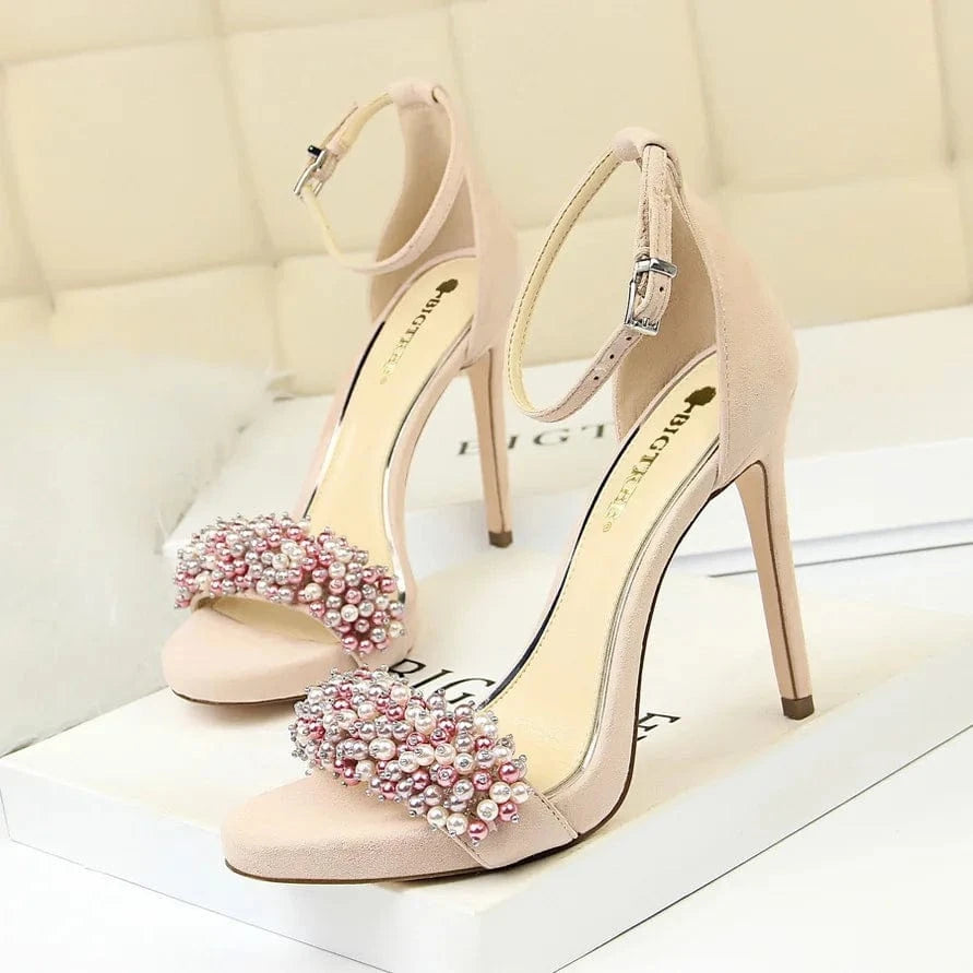 35 / Pink 11cm Sexy Banquet Women's Shoes Stiletto Super High-heeled Platform Suede Pearl Rhinestone Sandals