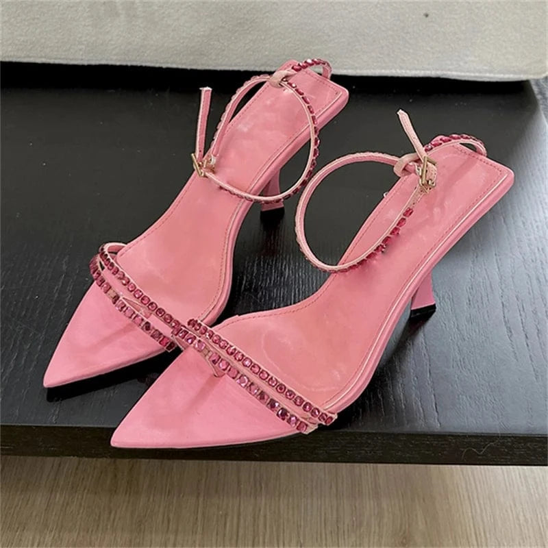 35 / Pink Aneikeh Solid Sewing Pointed Open Toe High Heels Party Buckle Strap Sandals High-heeled Crystal Bling T-Tied Women Shoes 2024