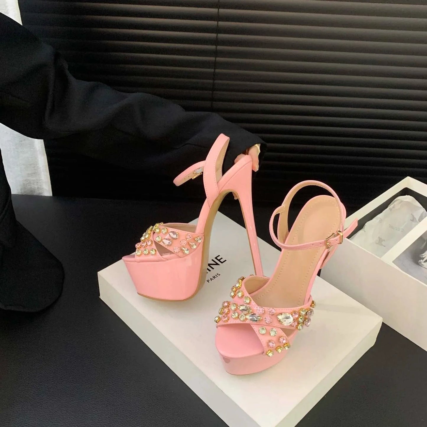 35 / Pink Fashion Design Metal Rivet Back Buckle Strap Platform Sandals Women Wedding Banquet Shoe Sexy Peep Toe Stripper High Heels 2024
