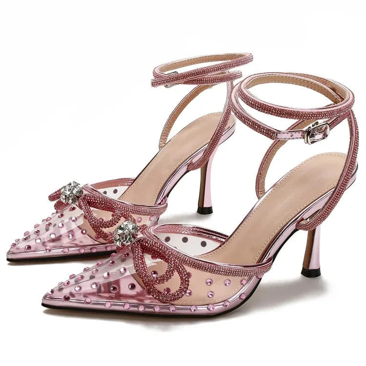 35 / Pink GX01A10 New Evening Diamond Transparent Spike High Heel Sandals Women's Rhinestone Party Thin High Heel Shoes