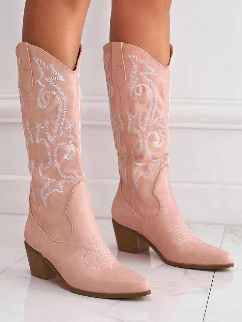 35 / Pink New thick heel wild western cowboy boots embroidered sleeve knight boots retro medium tube large size riding boots