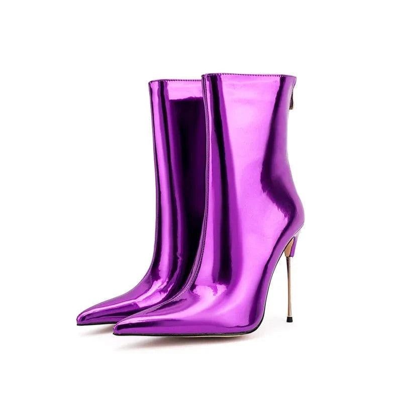 35 / Purple Bota Feminina 2022 Ladies Fashion Metallic Casual Shoes Women Mirror Leather Pointy Toe Stiletto Heels Short Boots Ankle Booties