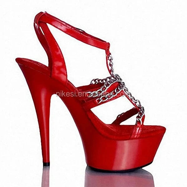 35 / Red 6inch-15cm slippers The fashion new super high heel Roman peep-toe sandals thick chain shoes Heeled Sandals