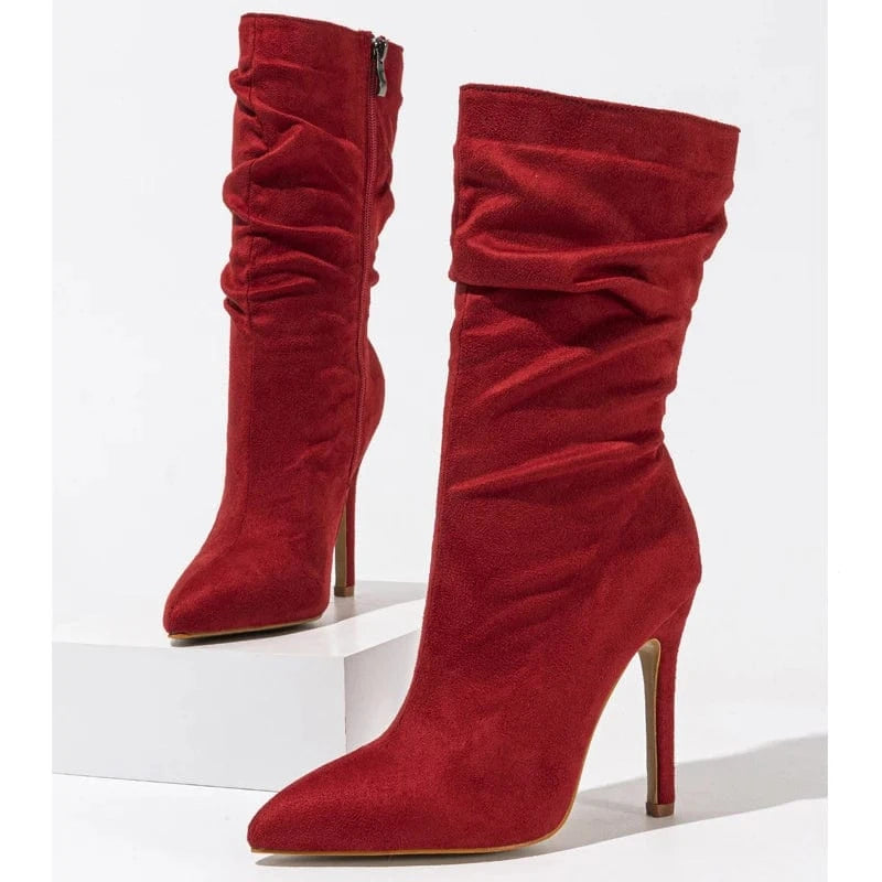 35 / Red Aneikeh Wedding Pleated Flock Fashion Solid Platform Zipper Boots Women Winter Fashion Pointed Toe Thin High Heel Short Botas