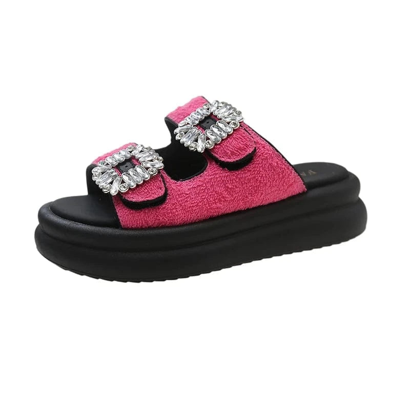 35 / Red Dropshipping Custom Logo Rhinestone Ladies Comfortable Wedges Slippers Fashion Platform Slides with Anti-Slip Eva Insole