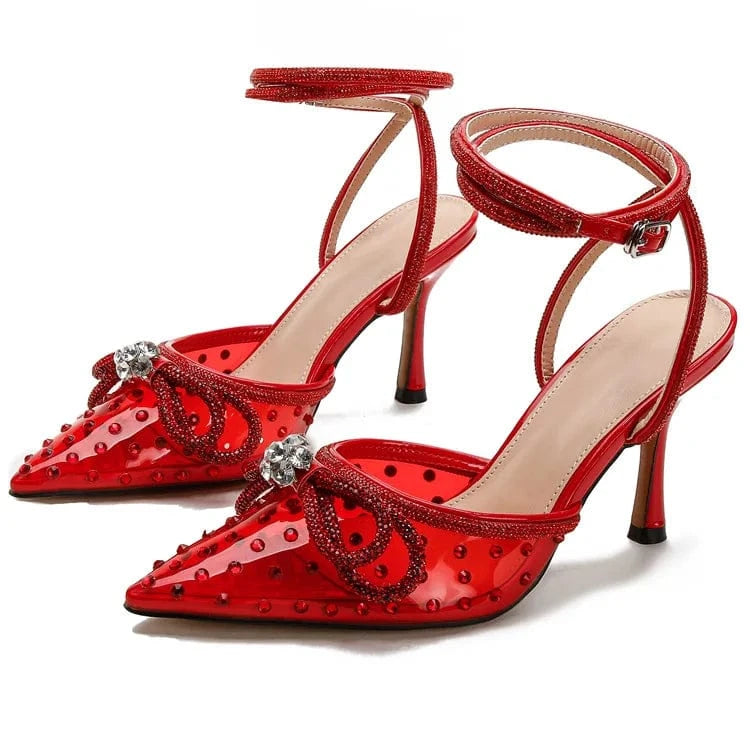 35 / Red GX01A10 New Evening Diamond Transparent Spike High Heel Sandals Women's Rhinestone Party Thin High Heel Shoes