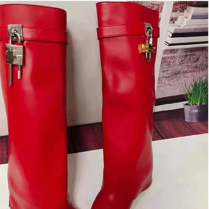 35 / Red leather New arrivals luxury winter autumn locking quality leather two length women's boots shoes